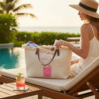 Cabas  LOUISA LEE en coton beige avec anses en cuir, finitions frangées et motif cocktail rose, au bord piscine.