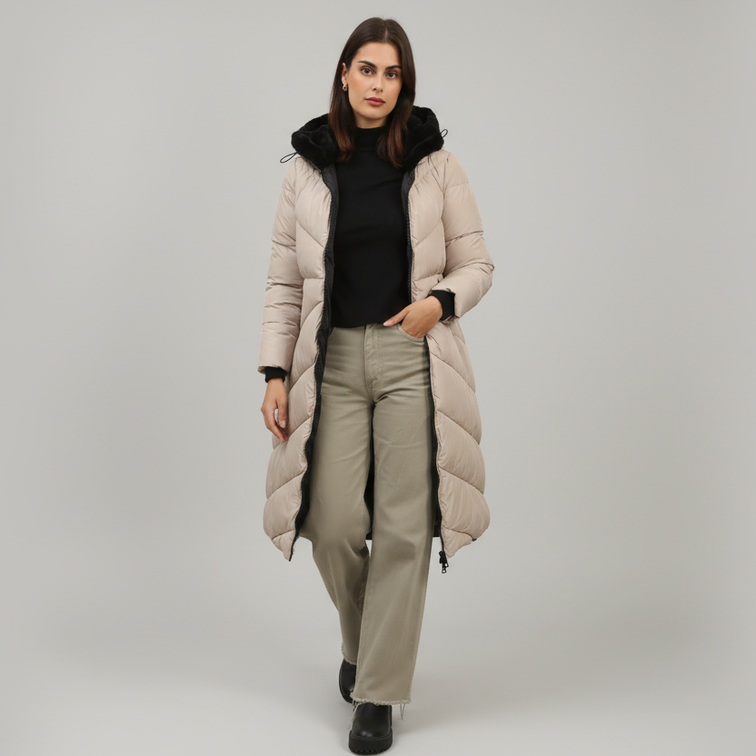 Doudoune Mi-Longue à Capuche Matelassée Chevron Attrait Paris