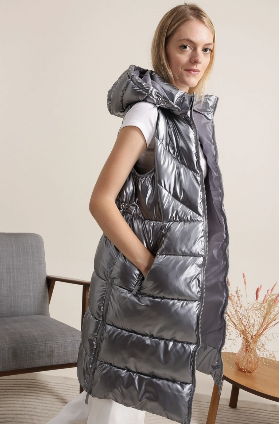 Doudoune Longue Matelassée Métallisée Sans Manches  Attrait Paris