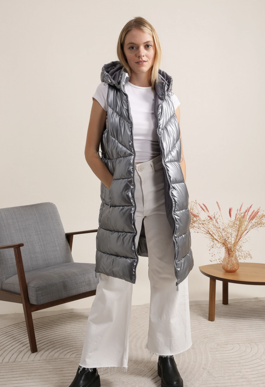 Doudoune Longue Matelassée Métallisée Sans Manches  Attrait Paris