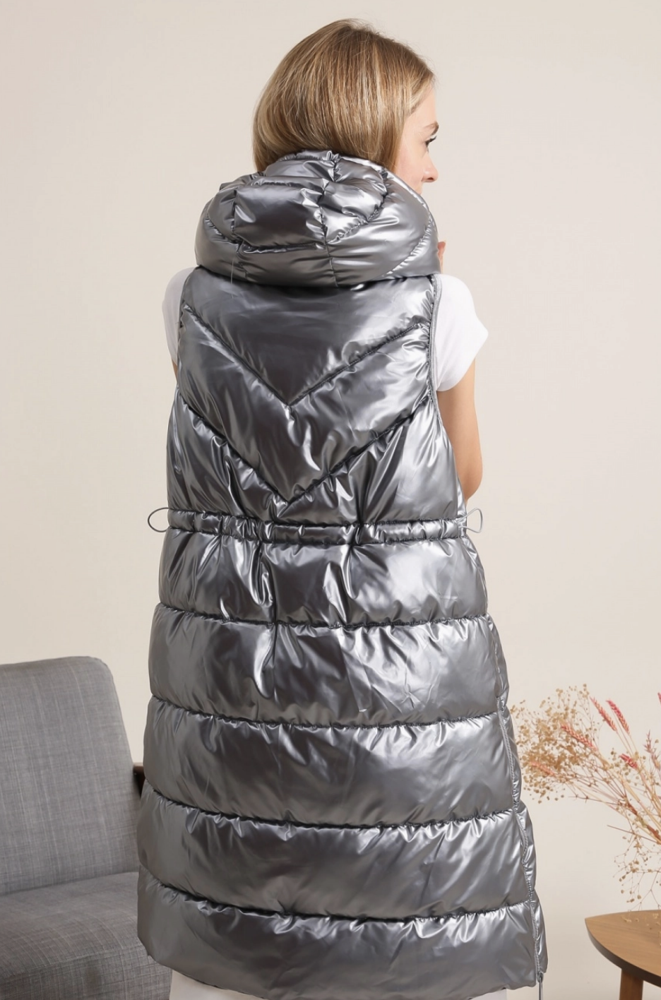 Doudoune Longue Matelassée Métallisée Sans Manches  Attrait Paris