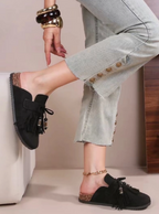 Mules Suédine Bride Franges Pompons Perlés Semelle Effet Bois – Cink-me