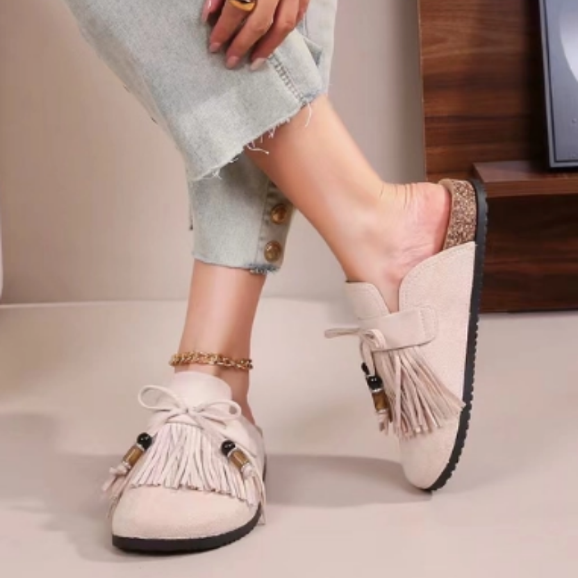 Mules Suédine Bride Franges Pompons Perlés Semelle Effet Bois – Cink-me - Chaussure Femme - Cink-me
