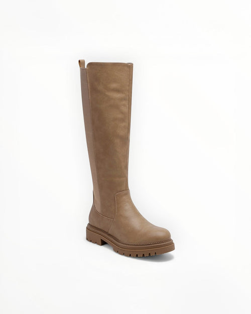 Bottes Hautes Plateforme Crantée PU Aspect Cuir Zip Latéral – LADY GLORY
