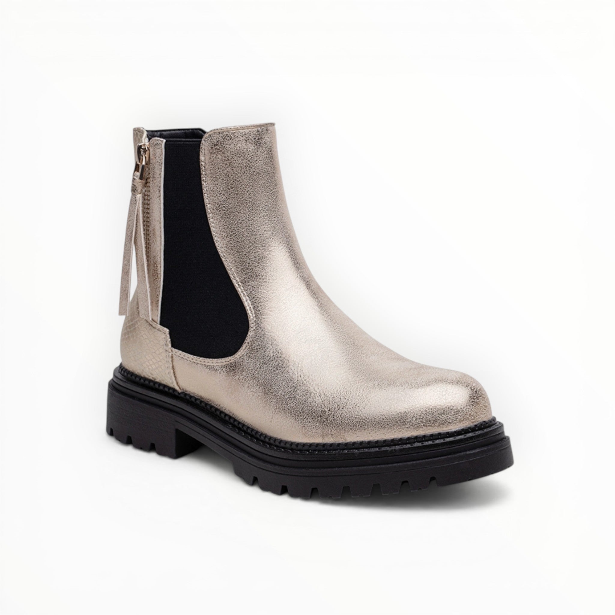 Bottines Métallisées Plateforme Frange Décorative Zip Latéral – LADY GLORY - Chaussure Femme - LADY GLORY