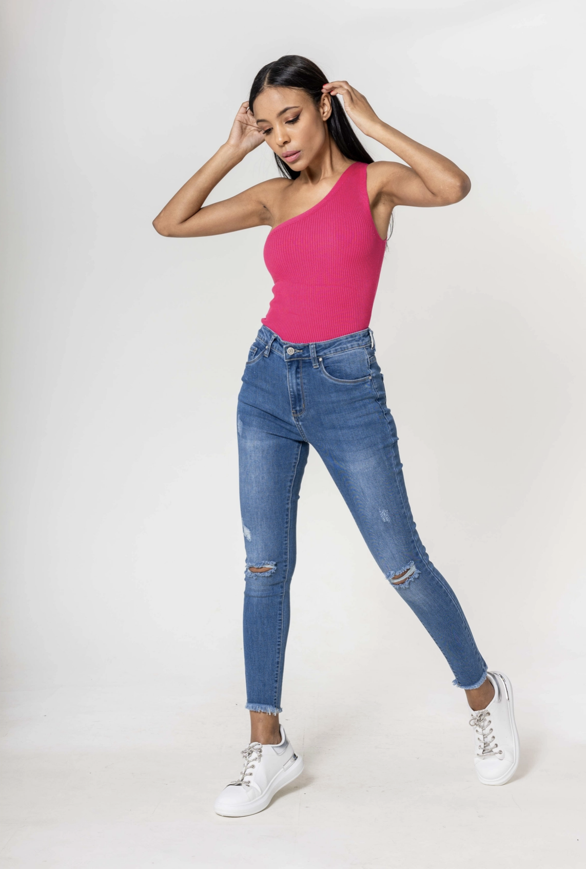 Jean Taille Haute Troué Genoux Stretch Slim - Nina Carter