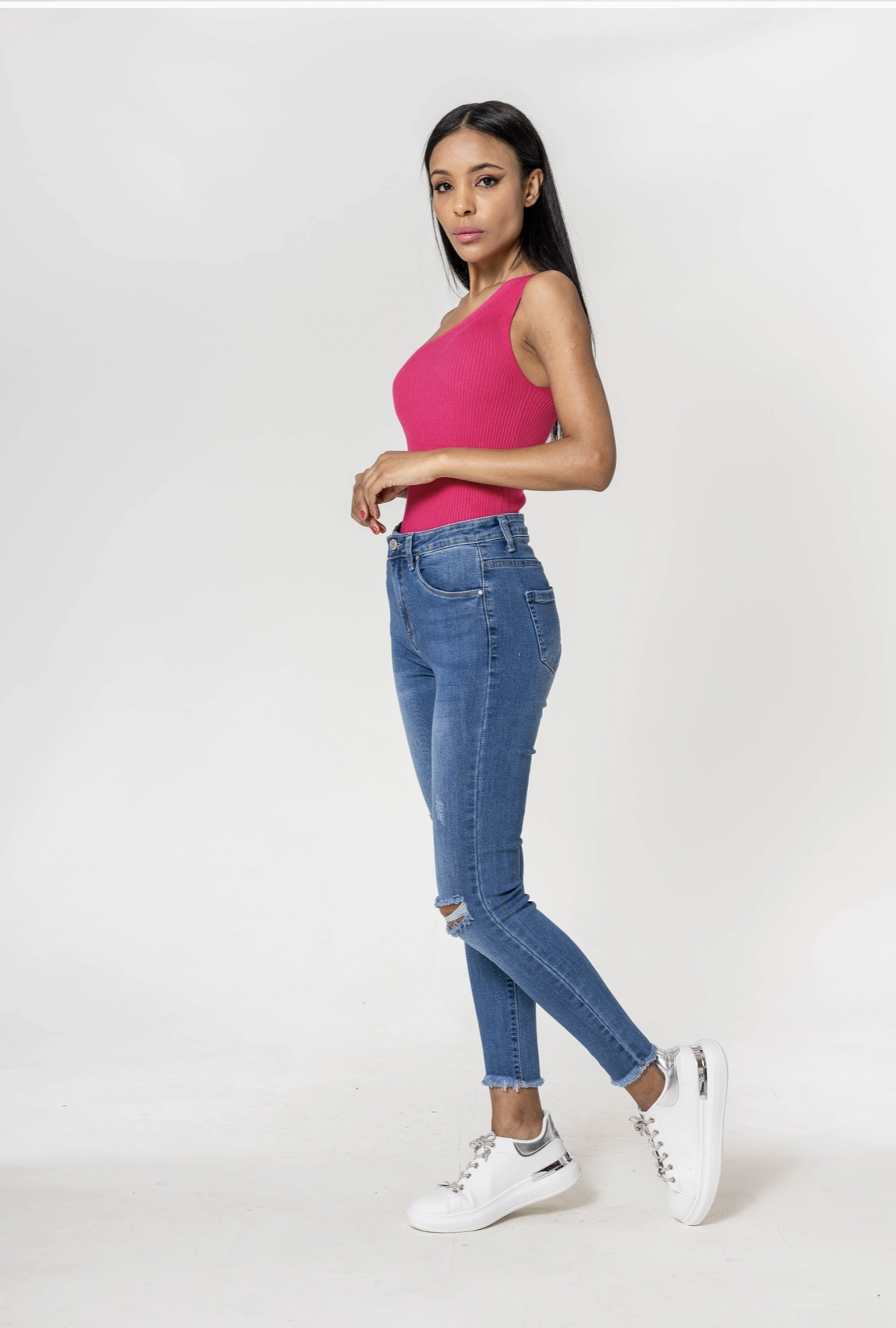 Jean Taille Haute Troué Genoux Stretch Slim - Nina Carter
