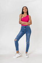 Jean Taille Haute Troué Genoux Stretch Slim - Nina Carter