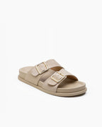 Mules Confort Suédine Larges Brides Boucles Carrées Dorées : LADY GLORY