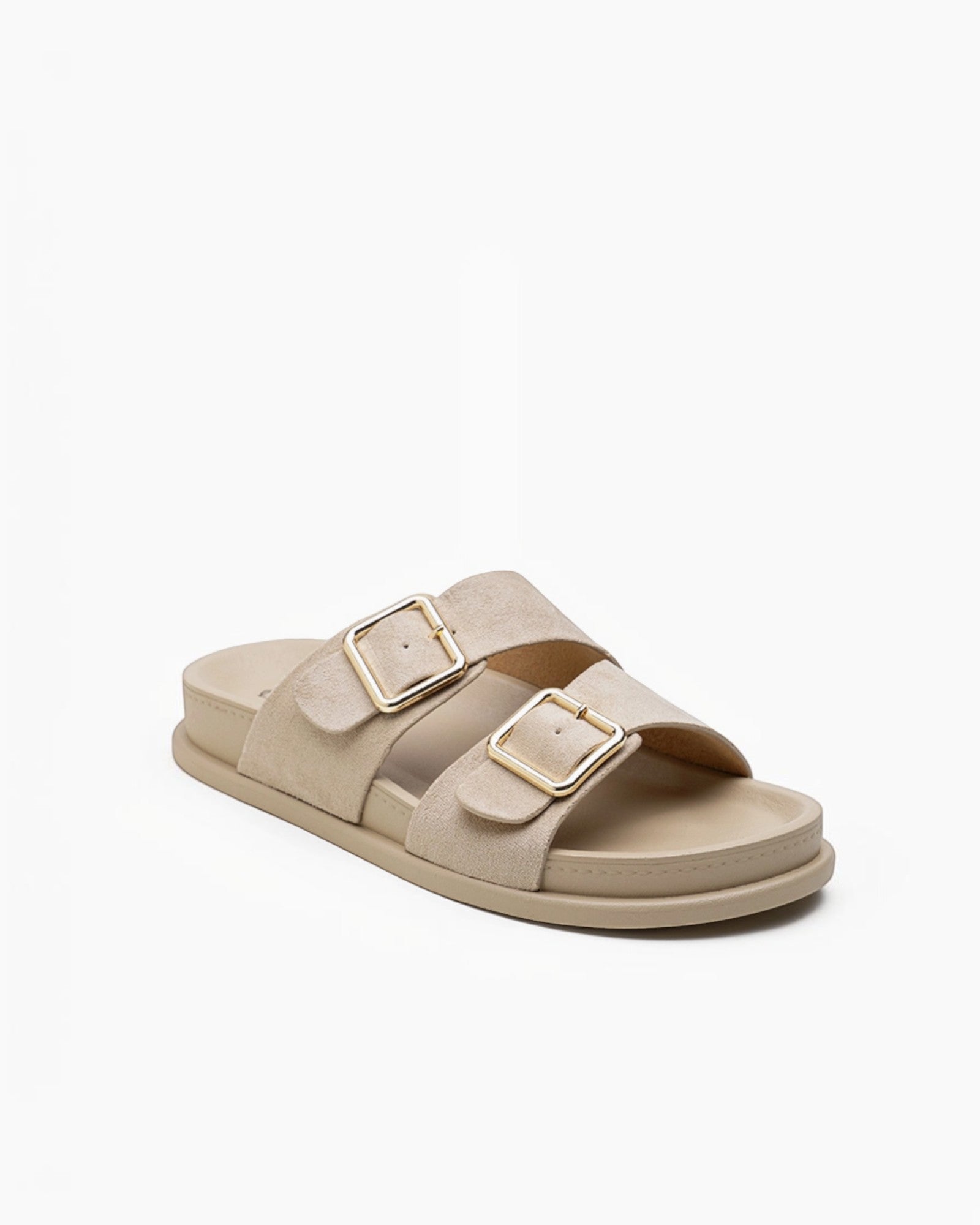 Mules Confort Suédine Larges Brides Boucles Carrées Dorées : LADY GLORY