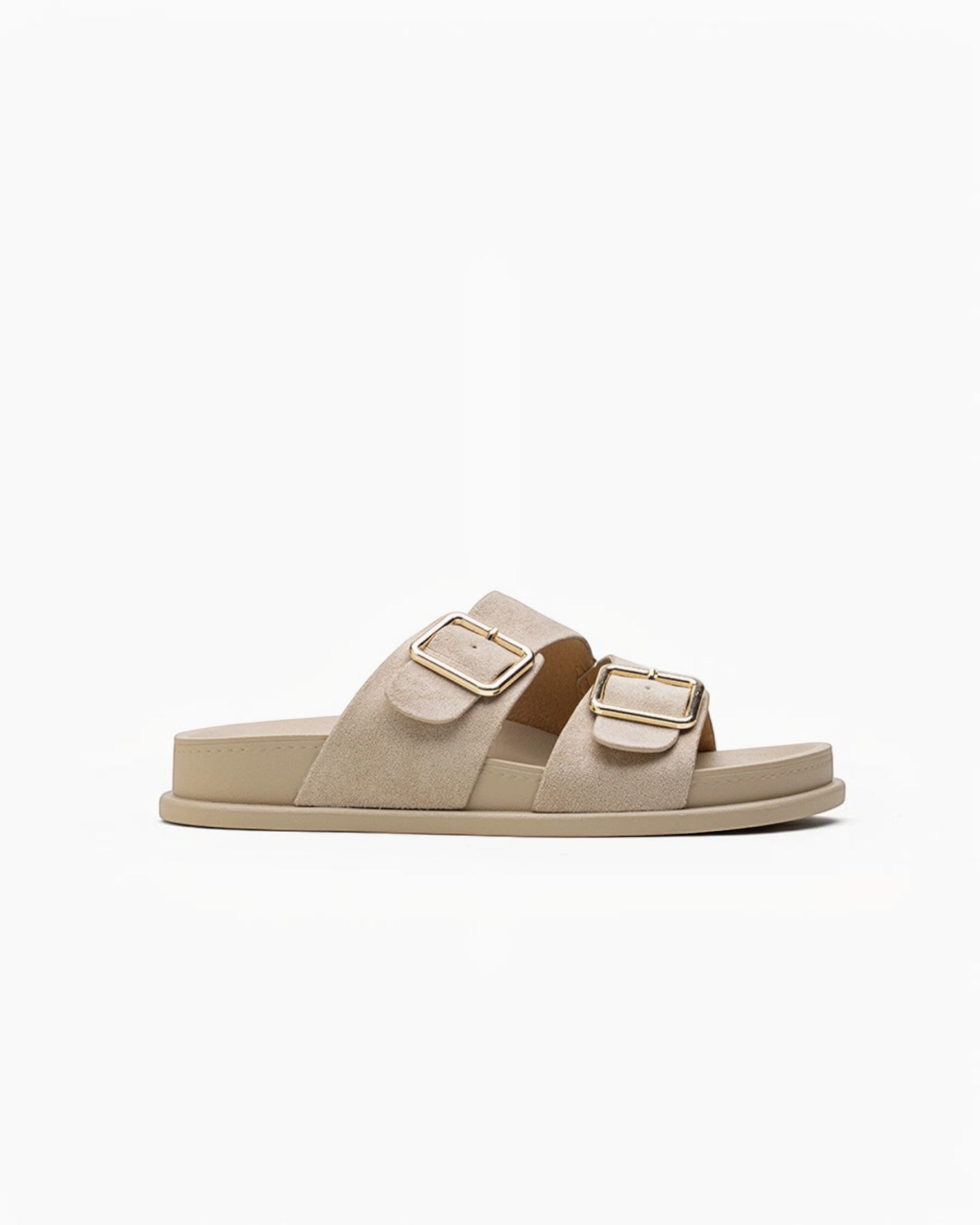 Mules Confort Suédine Larges Brides Boucles Carrées Dorées : LADY GLORY