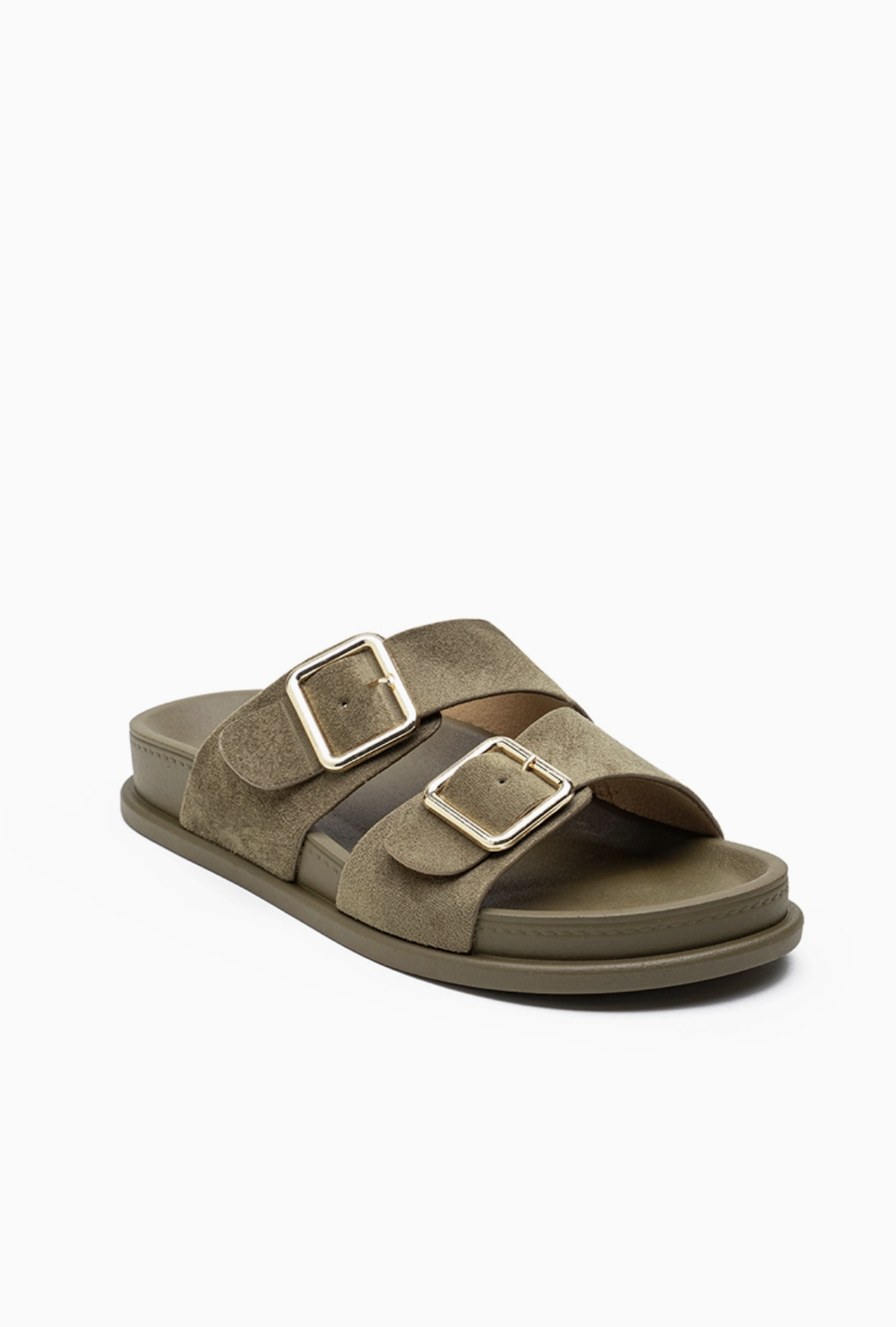 Mules Confort Suédine Larges Brides Boucles Carrées Dorées : LADY GLORY