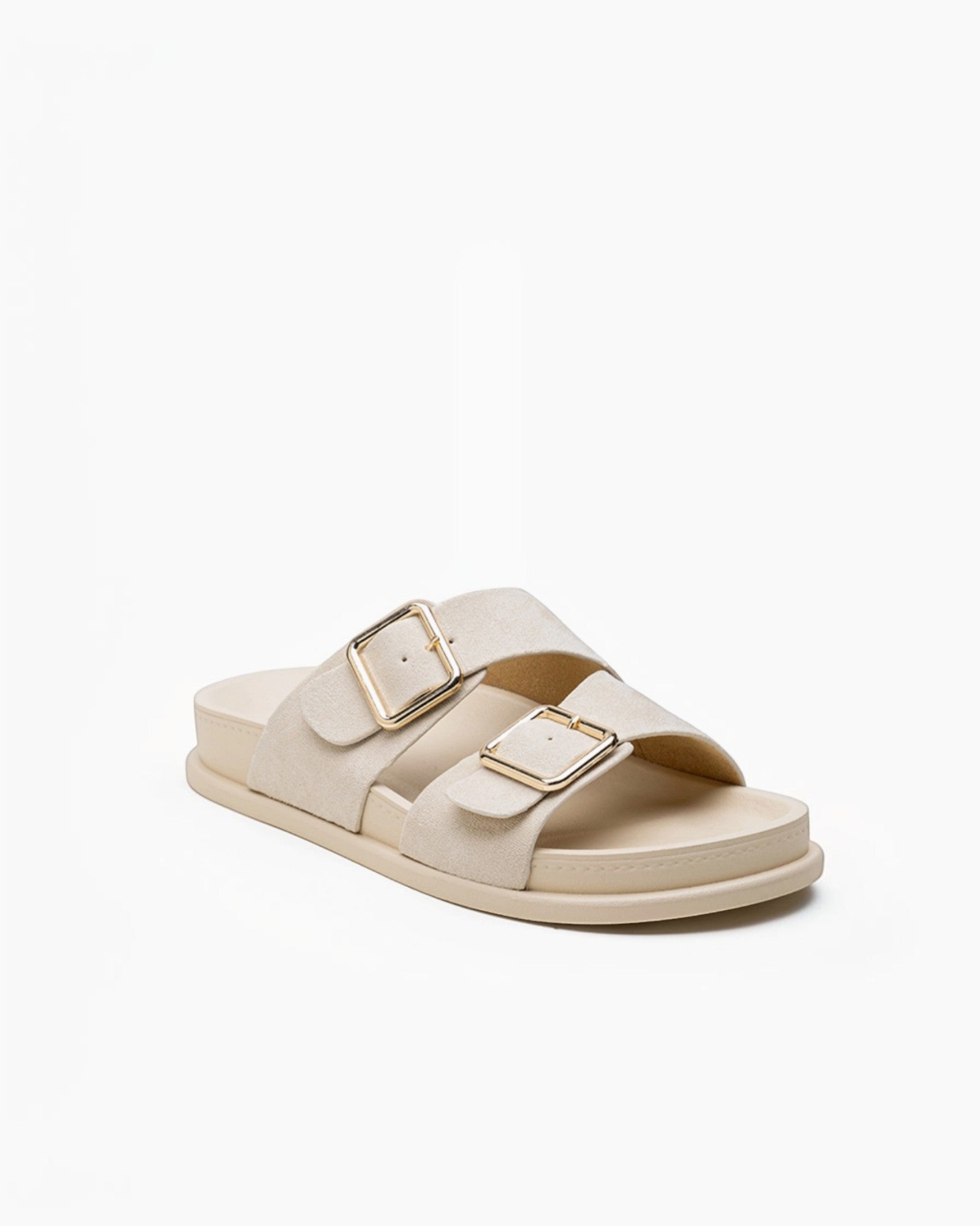 Mules Confort Suédine Larges Brides Boucles Carrées Dorées : LADY GLORY