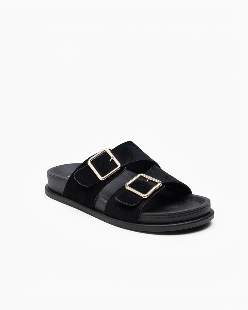 Mules Confort Suédine Larges Brides Boucles Carrées Dorées : LADY GLORY