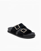 Mules Confort Suédine Larges Brides Boucles Carrées Dorées : LADY GLORY