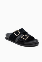 Mules Confort Suédine Larges Brides Boucles Carrées Dorées : LADY GLORY