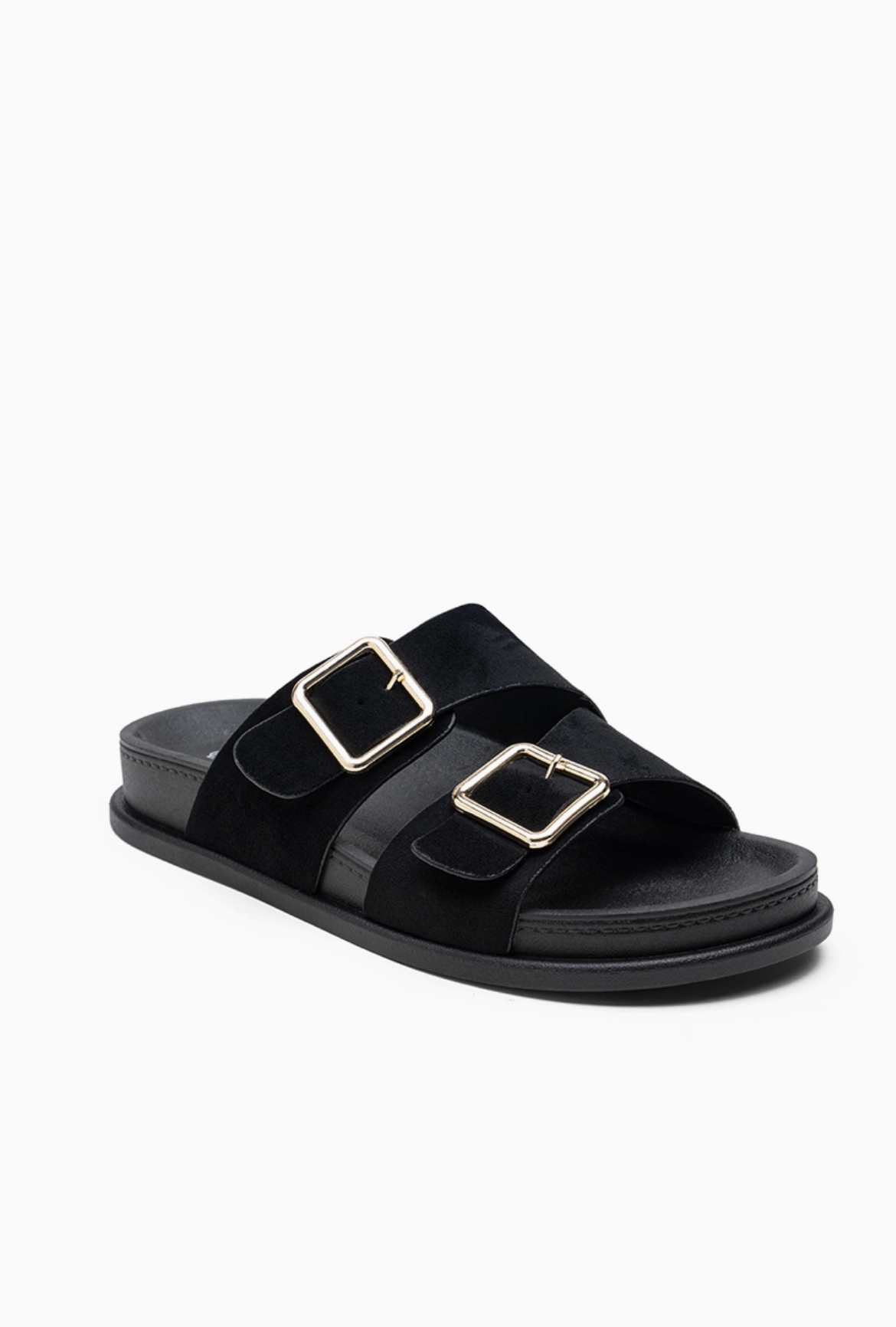 Mules Confort Suédine Larges Brides Boucles Carrées Dorées : LADY GLORY