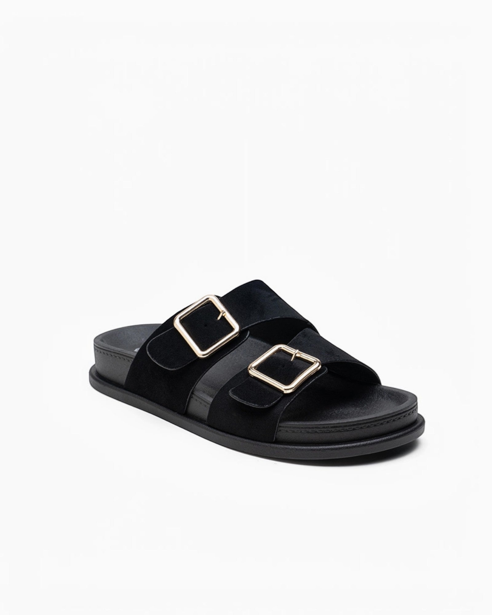 Mules Confort Suédine Larges Brides Boucles Carrées Dorées : LADY GLORY