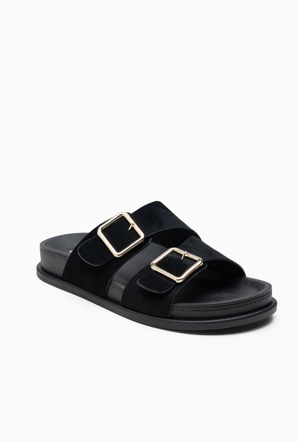 Mules Confort Suédine Larges Brides Boucles Carrées Dorées : LADY GLORY