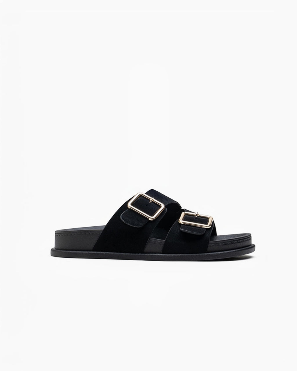 Mules Confort Suédine Larges Brides Boucles Carrées Dorées : LADY GLORY