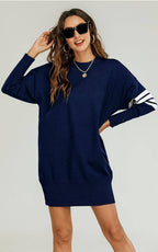 Robe pull tunique en tricot à rayures blanches en bleu marine  FS collection