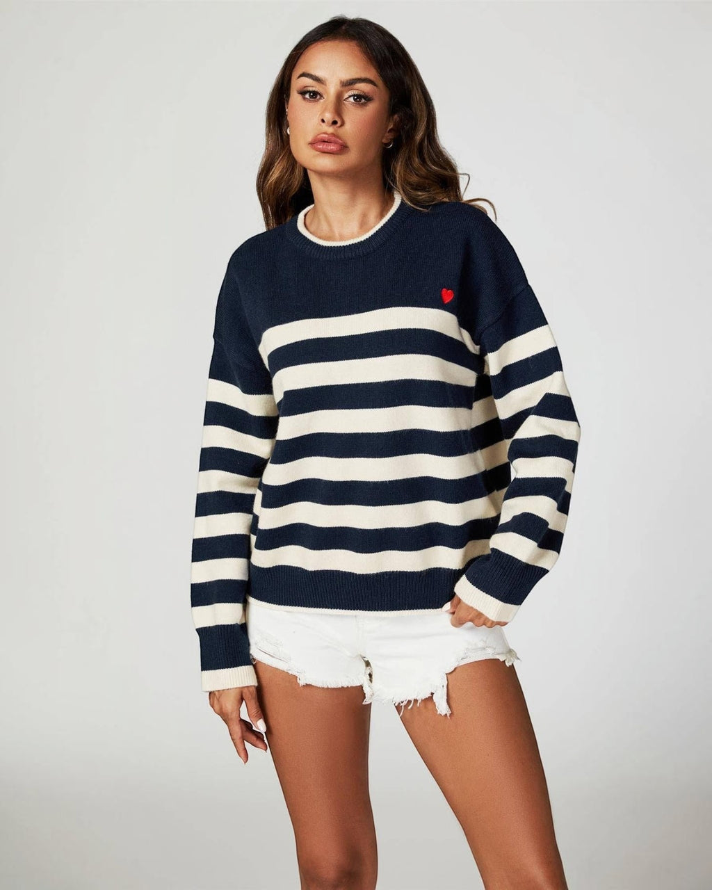 Pull Rayé Bleu Marine avec Cœur Brodé -  FS collection
