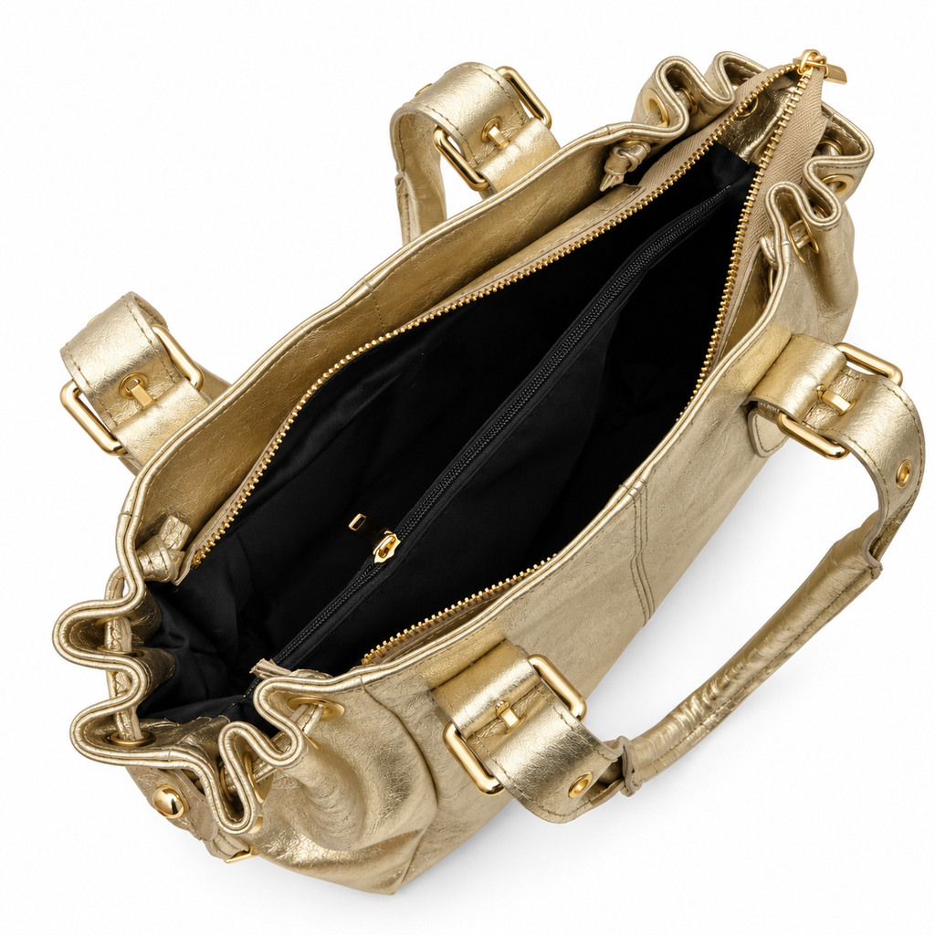 Sac à main GALLANTRY en cuir doré métallisé avec anses à boucles et fermeture zippée, vue de dessus