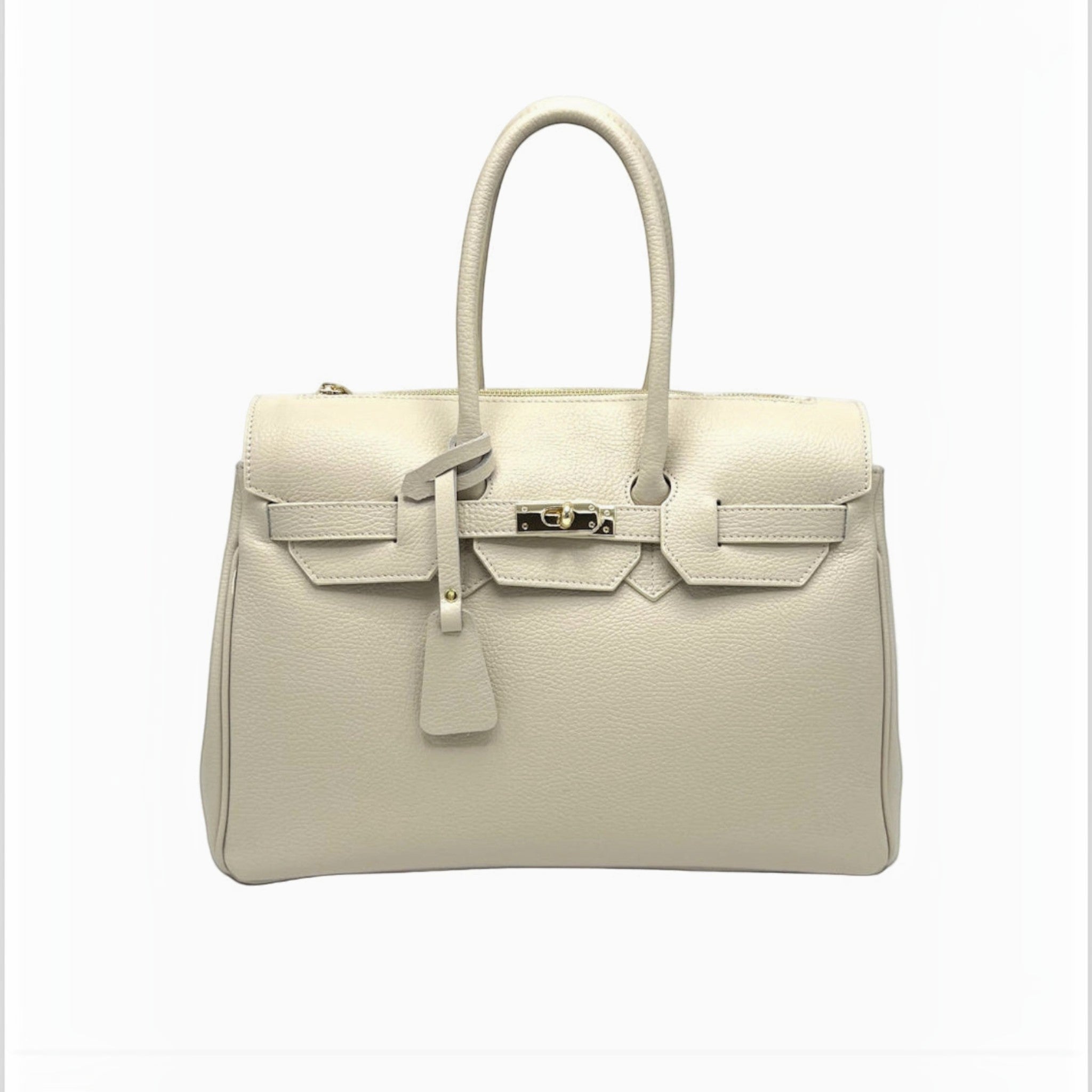 Grand sac à main professionnel en cuir grainé beige avec fermoir doré, idéal pour le travail et les dossiers.