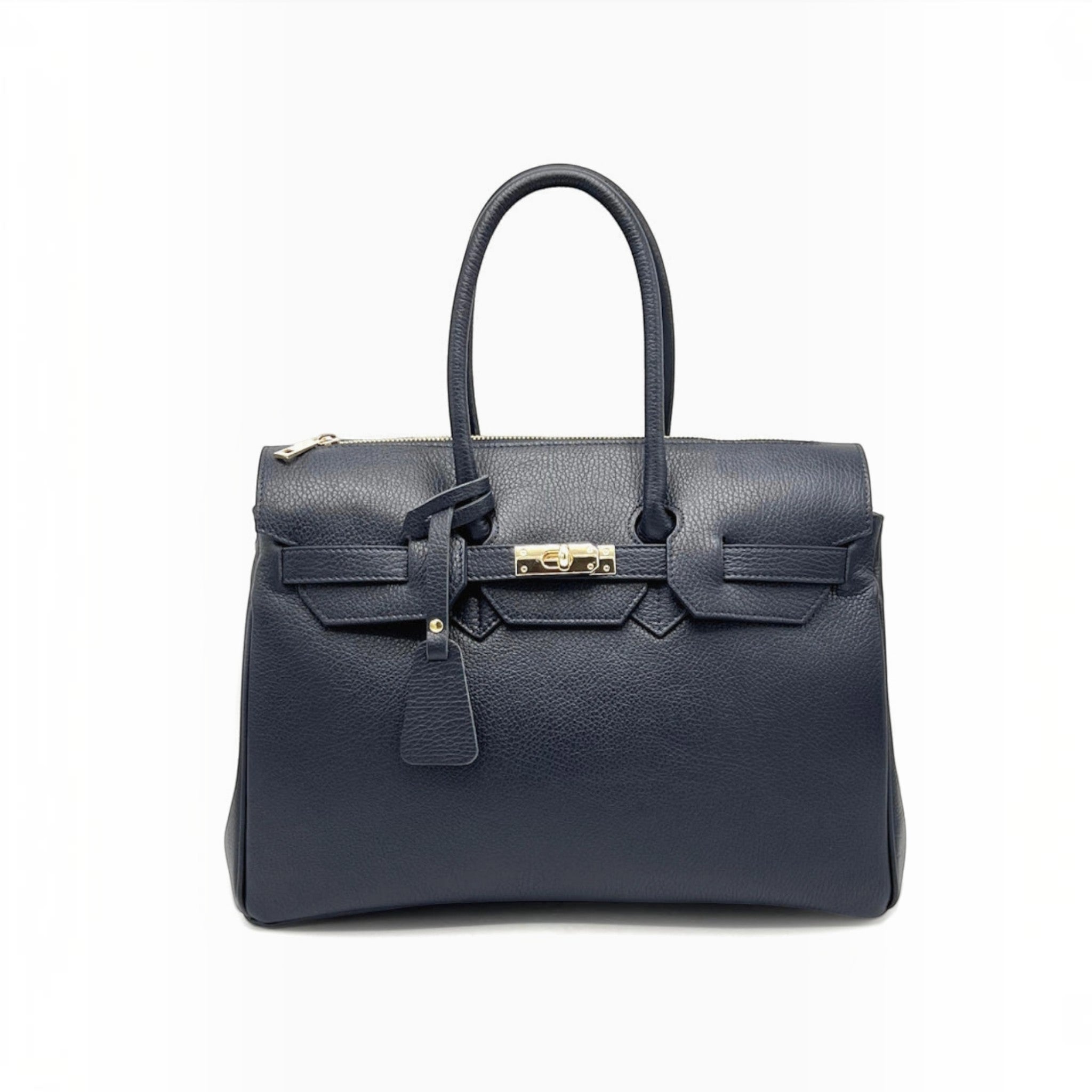 Grand sac à main professionnel en cuir grainé bleu marine avec fermoir doré, idéal pour le travail.