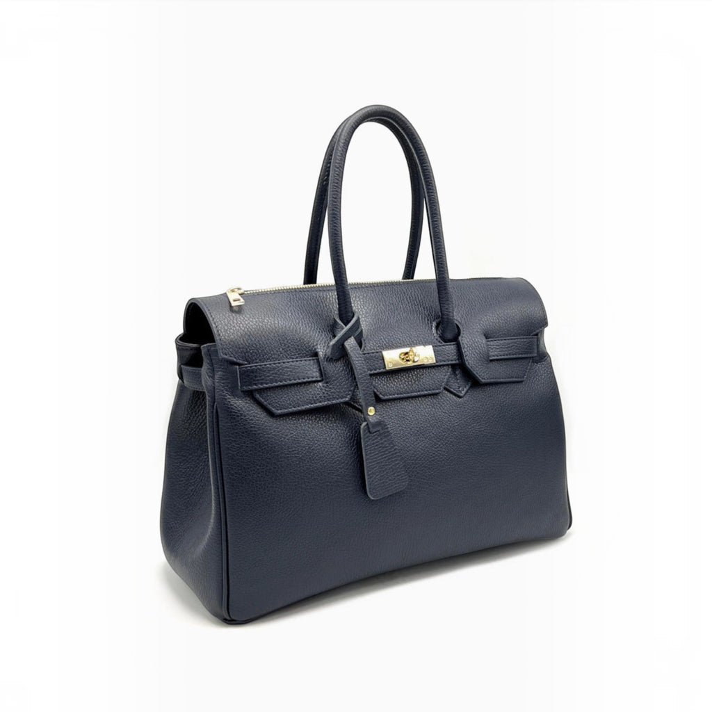 Grand sac à main professionnel en cuir grainé bleu marine avec fermoir et détails métalliques dorés.