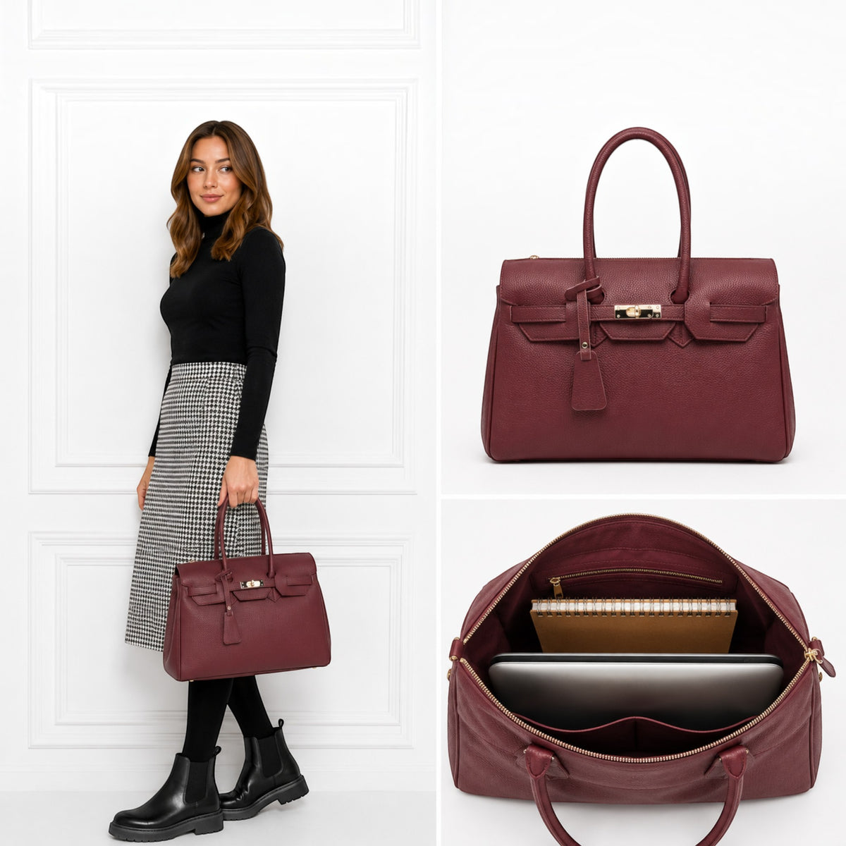 Grand sac à main professionnel  en cuir grainé bordeaux avec finitions dorées, idéal pour ordinateur et bureau.