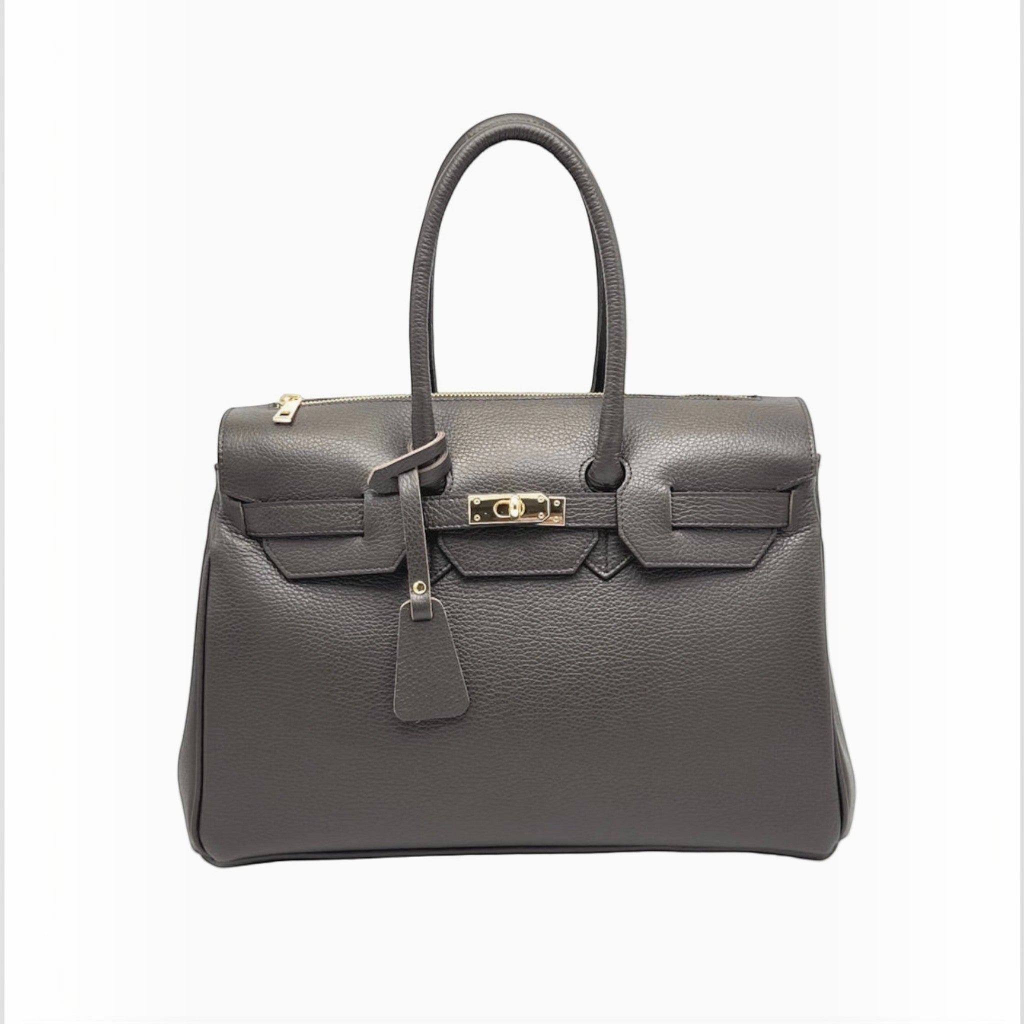 Grand sac à main professionnel  en cuir grainé gris foncé avec fermoir et finitions métalliques dorées.