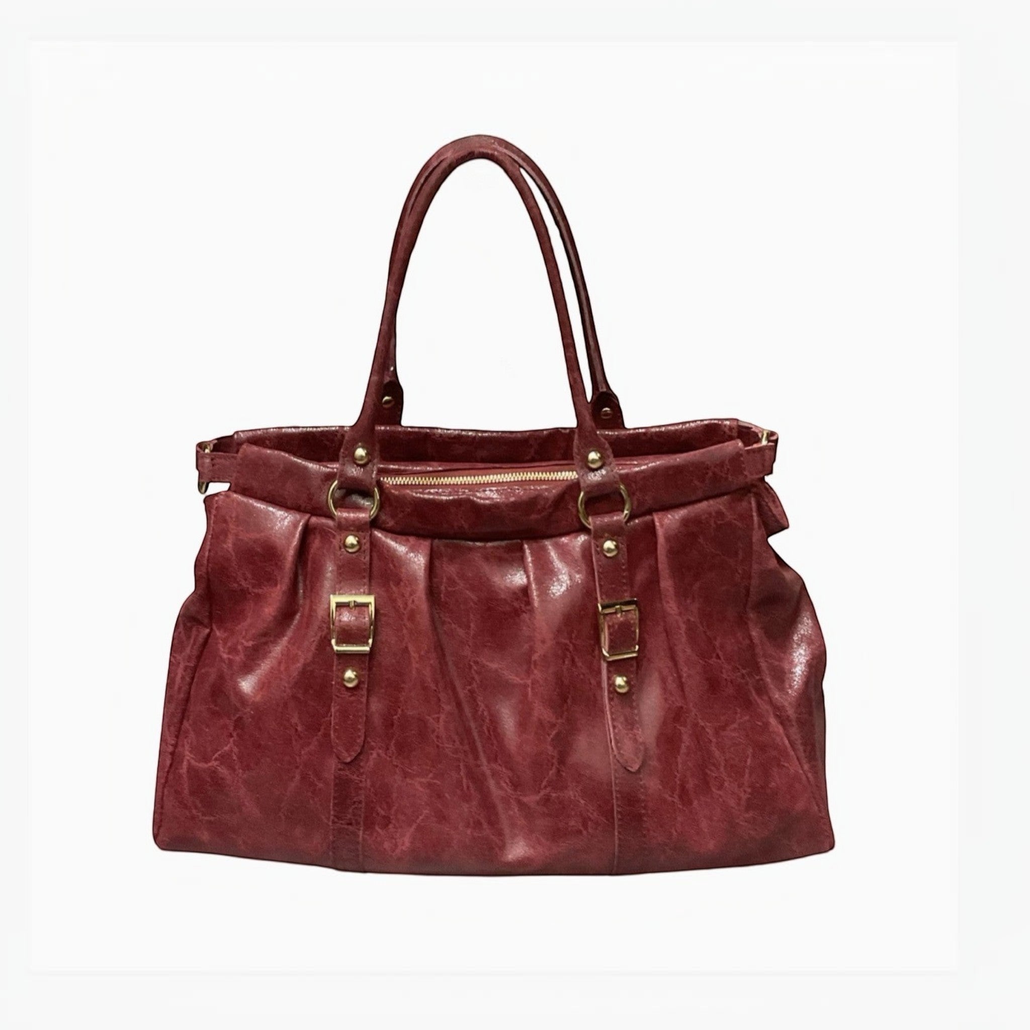 Sac à main bordeaux en cuir brossé LOUISA LEE, détails boucles dorées, grand format, fabrication italienne.