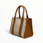 Sac cabas bicolore en lin et cuir marron LOUISA LEE, anses larges en cuir, fabrication italienne.