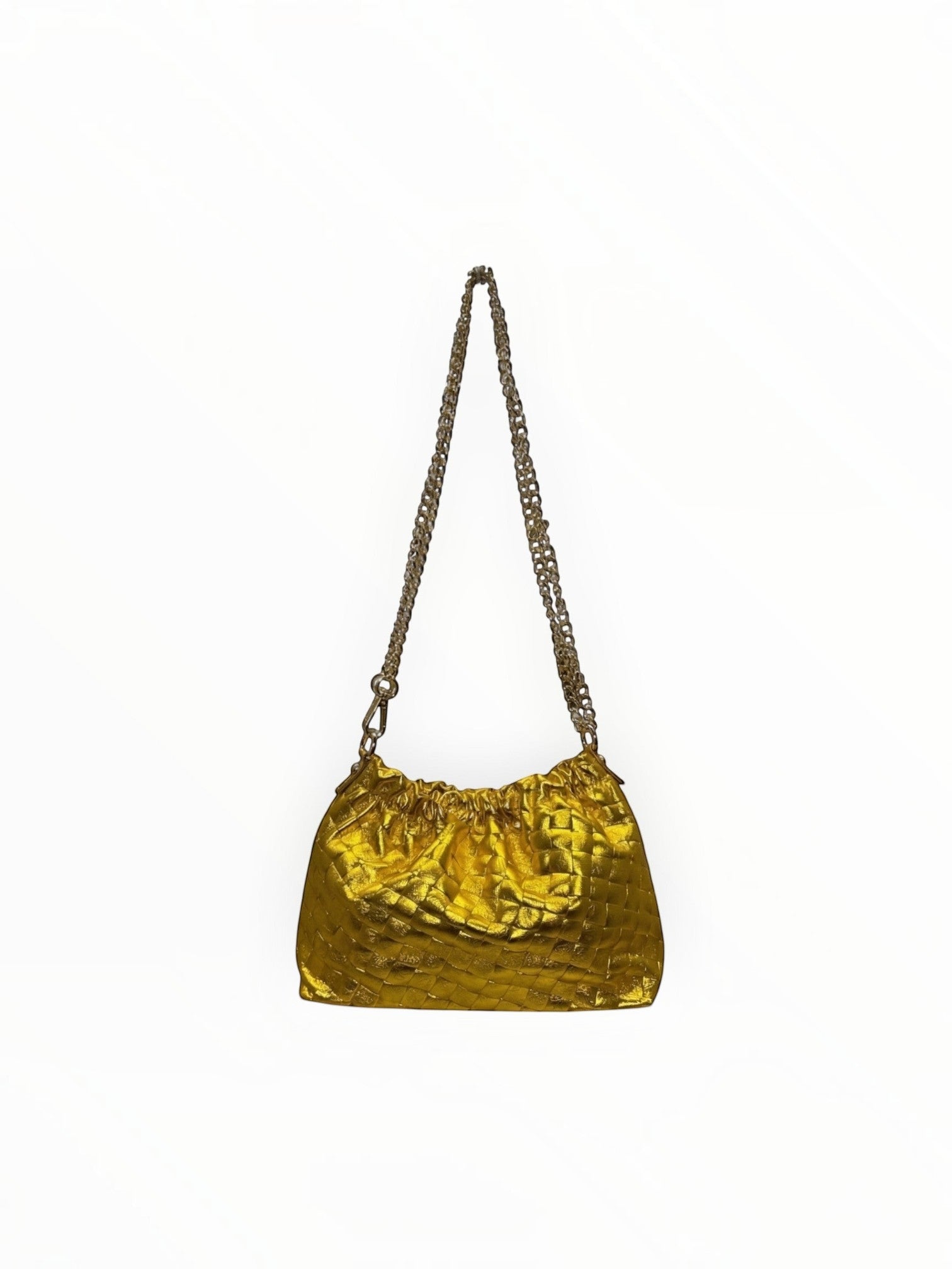 Sac à main  LOUISA LEE en cuir de vachette irisé doré avec effet plissé et bandoulière chaîne élégante