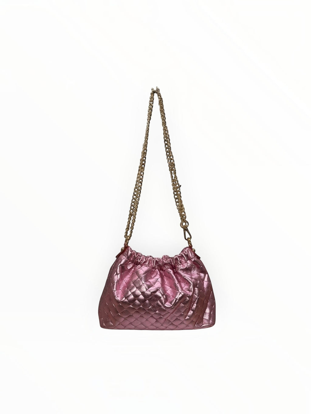 Sac à main  LOUISA LEE en cuir de vachette irisé rose avec effet plissé et bandoulière chaîne dorée