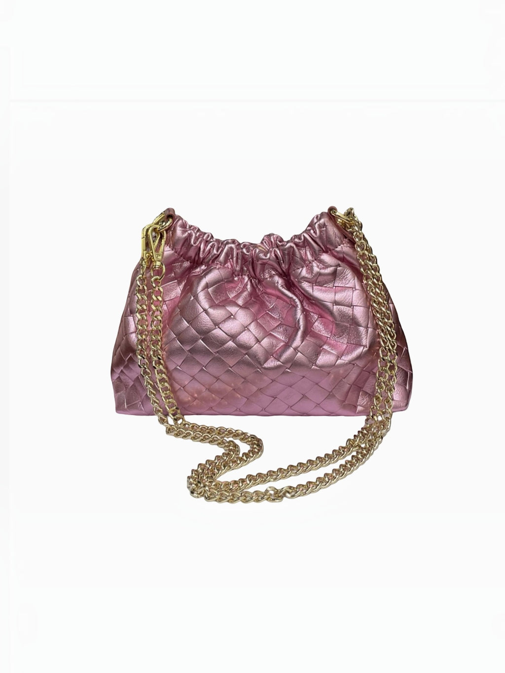 Sac à main  LOUISA LEE en cuir de vachette irisé rose avec effet plissé et bandoulière en chaîne dorée