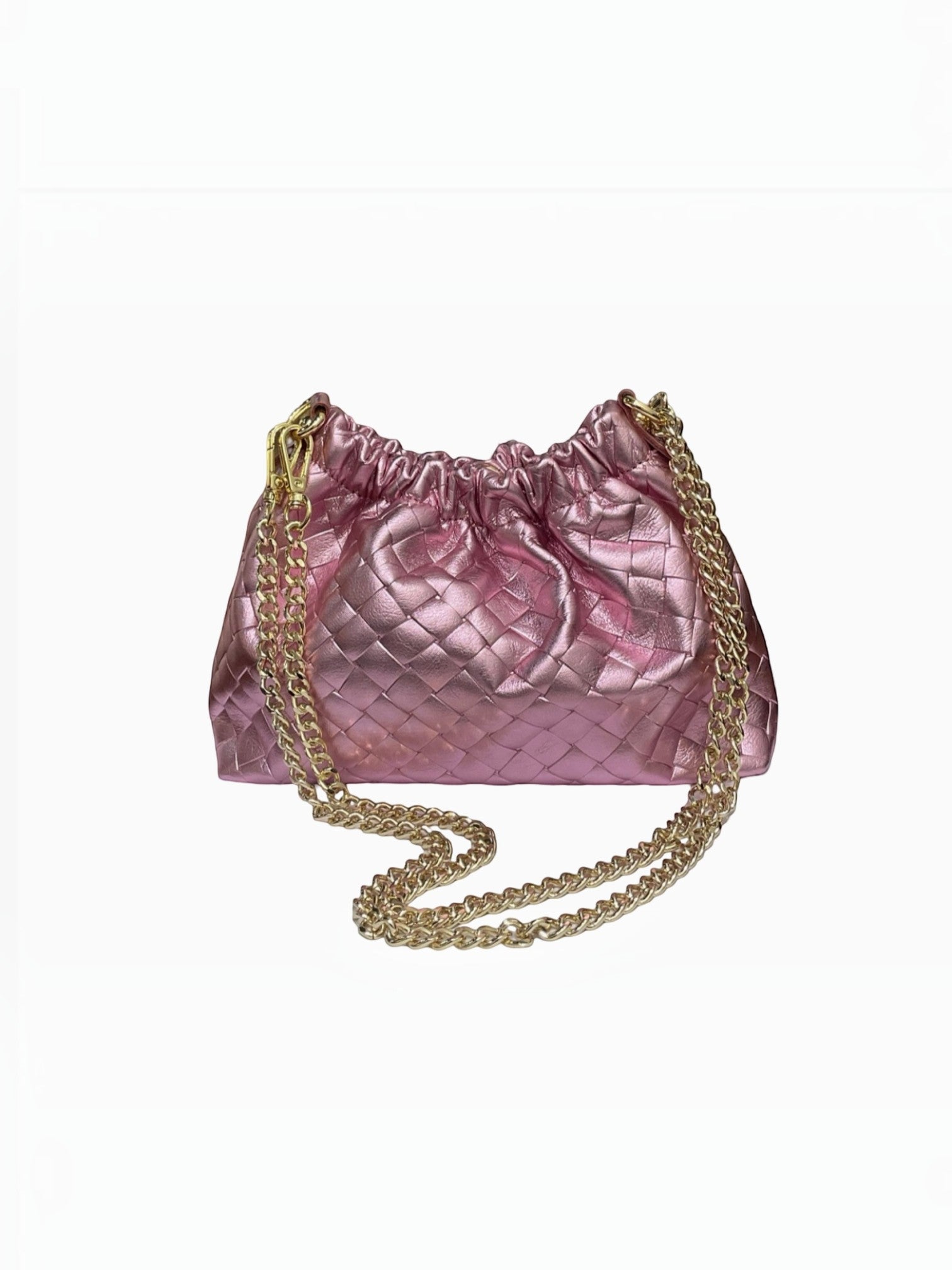 Sac à main  LOUISA LEE en cuir de vachette irisé rose avec effet plissé et bandoulière en chaîne dorée