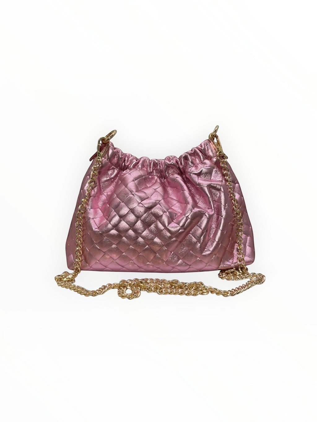 Sac à main  LOUISA LEE en cuir de vachette irisé rose avec effet plissé et bandoulière en chaîne dorée.