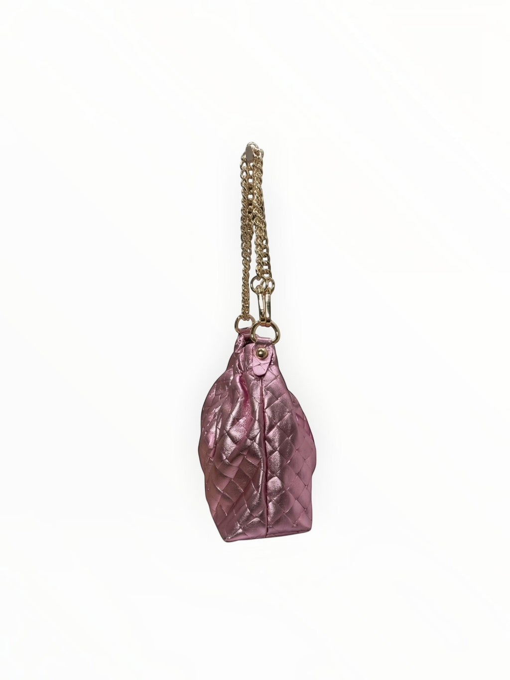 Sac à main LOUISA LEE en cuir de vachette irisé rose avec effet plissé et bandoulière chaîne dorée