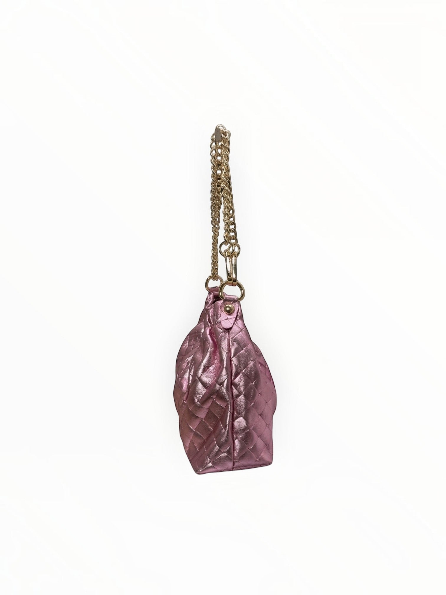 Sac à main LOUISA LEE en cuir de vachette irisé rose avec effet plissé et bandoulière chaîne dorée