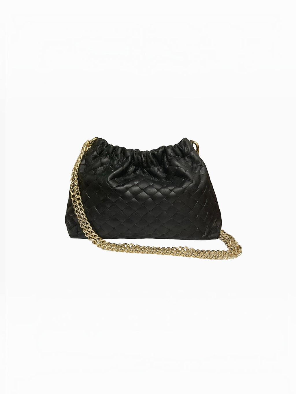 Sac  LOUISA LEE en cuir noir tressé avec effet plissé et bandoulière chaîne dorée, fabriqué en Italie.