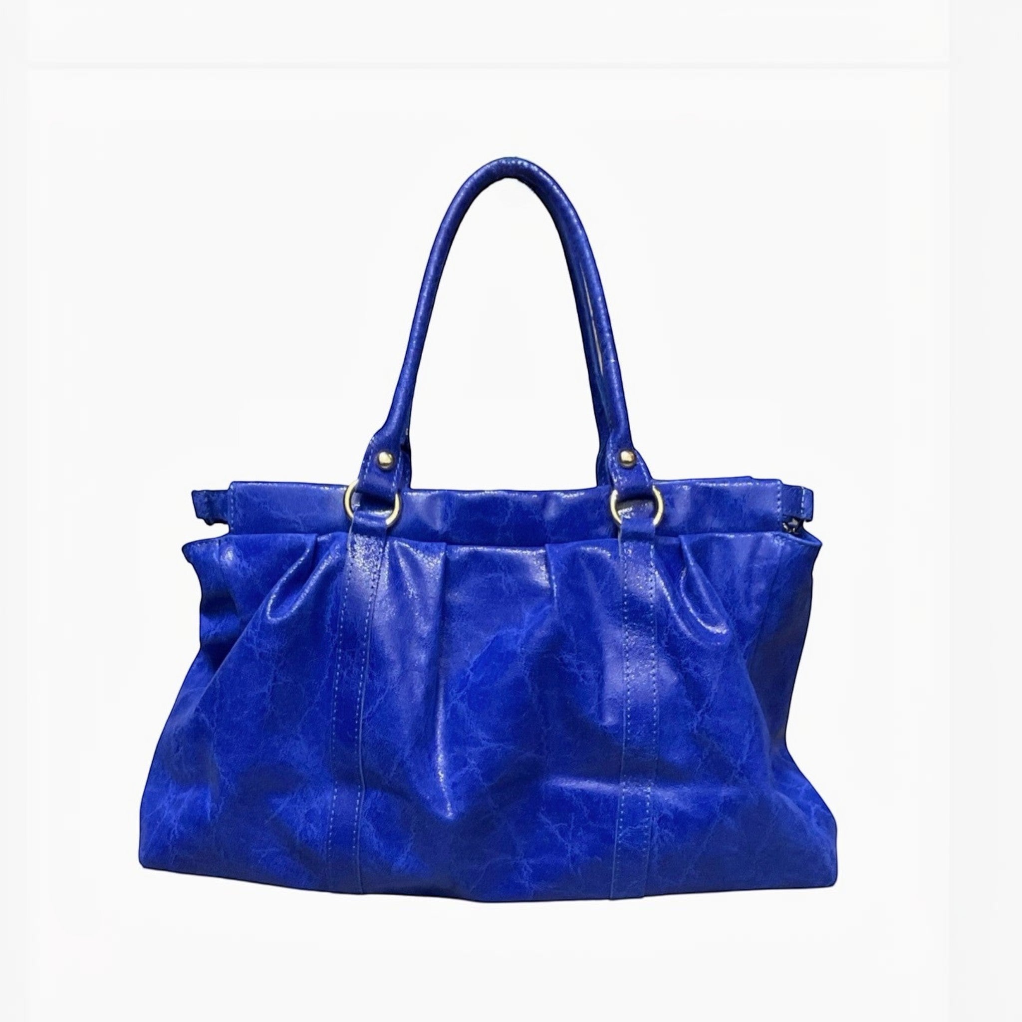 Sac à main bleu électrique en cuir brossé LOUISA LEE, détails dorés, grand format, fabrication italienne.