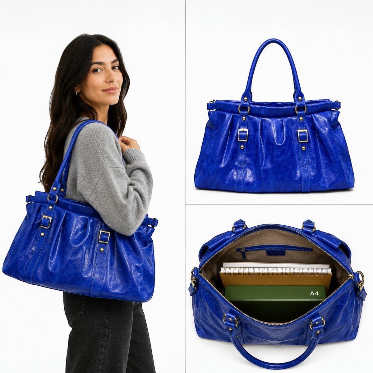 Sac à main bleu électrique en cuir brossé LOUISA LEE avec boucles dorées, idéal pour ordinateur portable 16 pouces.