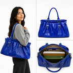 Sac à main bleu électrique en cuir brossé LOUISA LEE avec boucles dorées, idéal pour ordinateur portable 16 pouces.