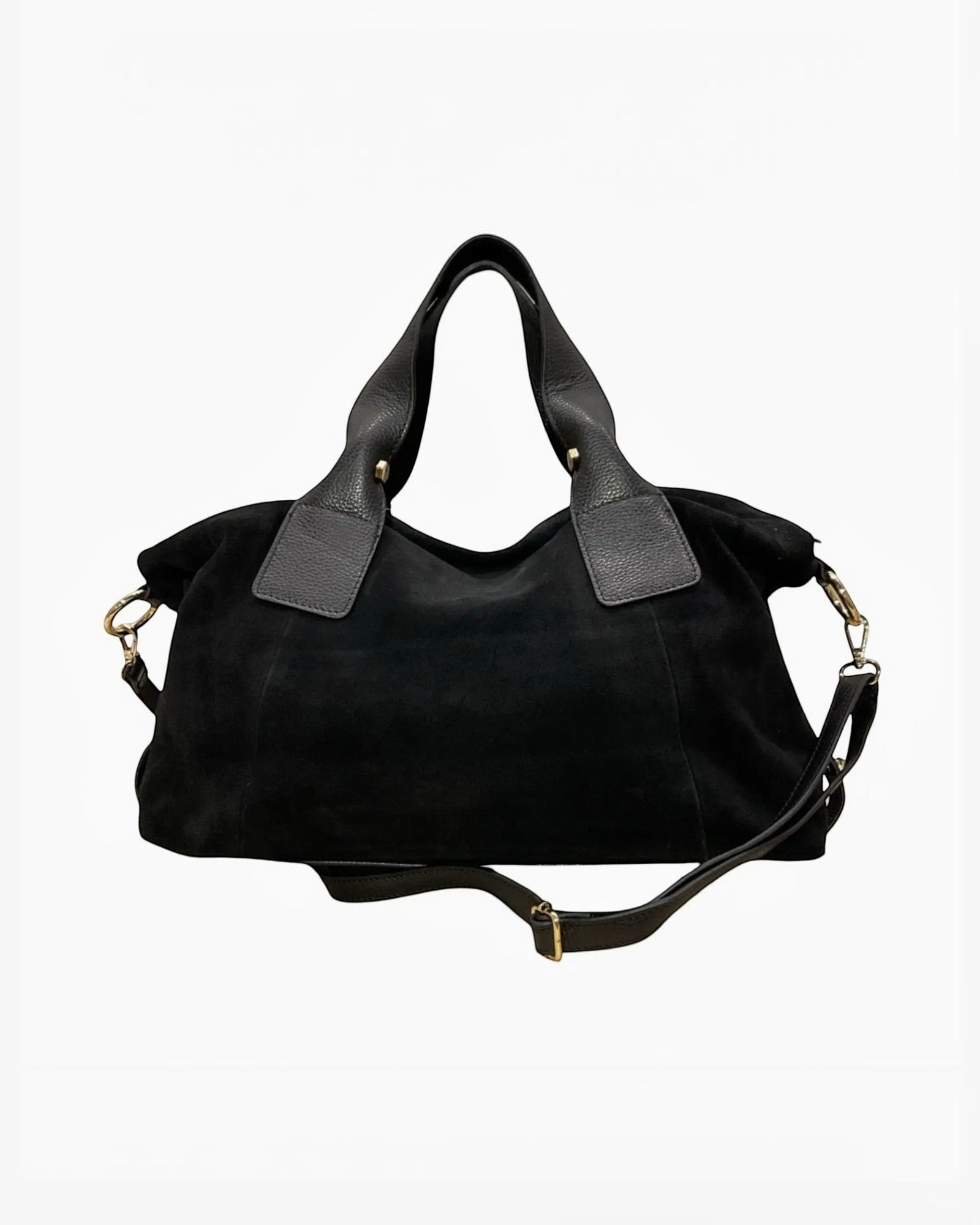Sac à main Veolina LOUISA LEE en cuir suède noir, fabrication italienne, 41 cm de large.
