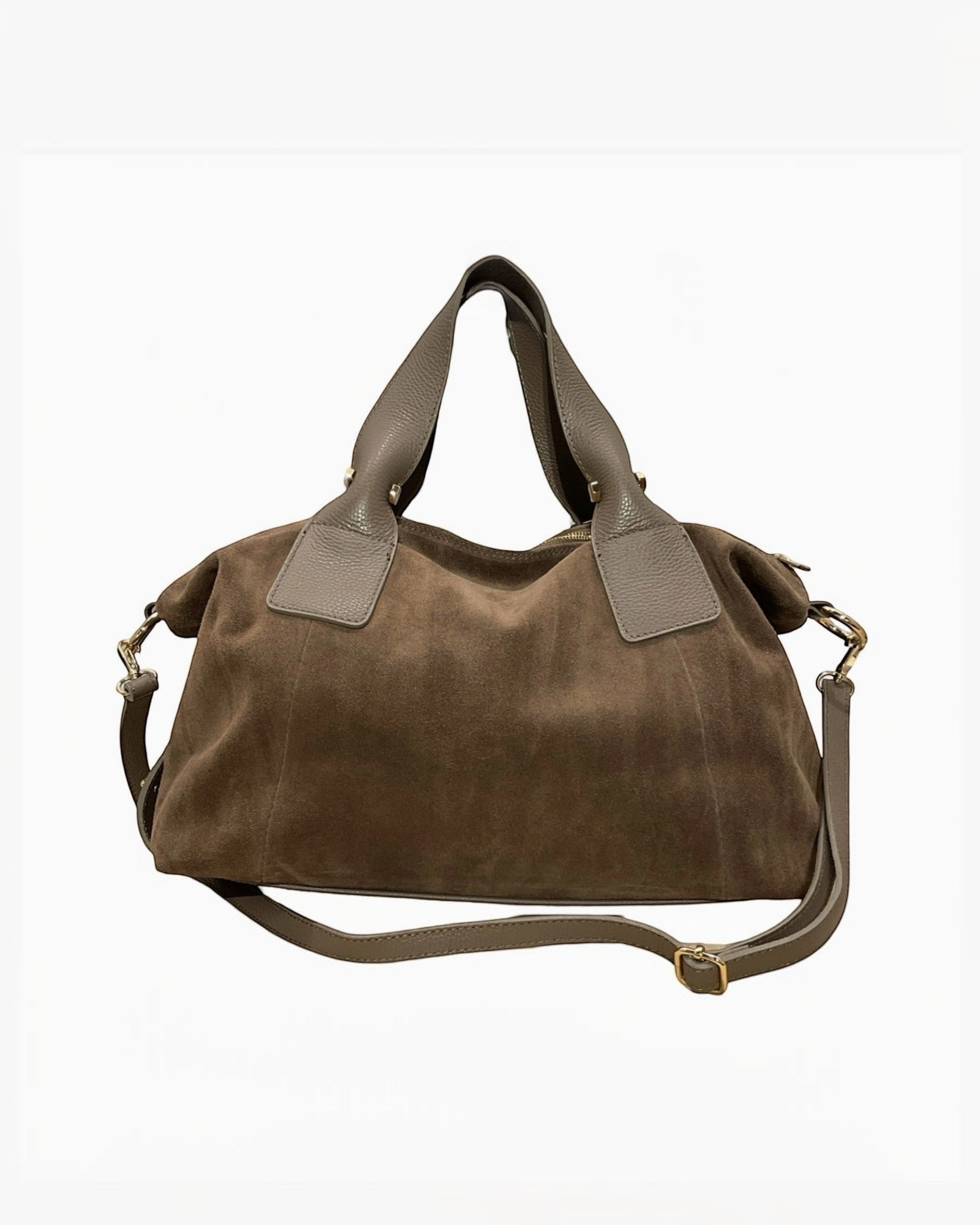 Sac à main marron en cuir suédé Veolina LOUISA LEE, fabrication italienne, porté main ou bandoulière.