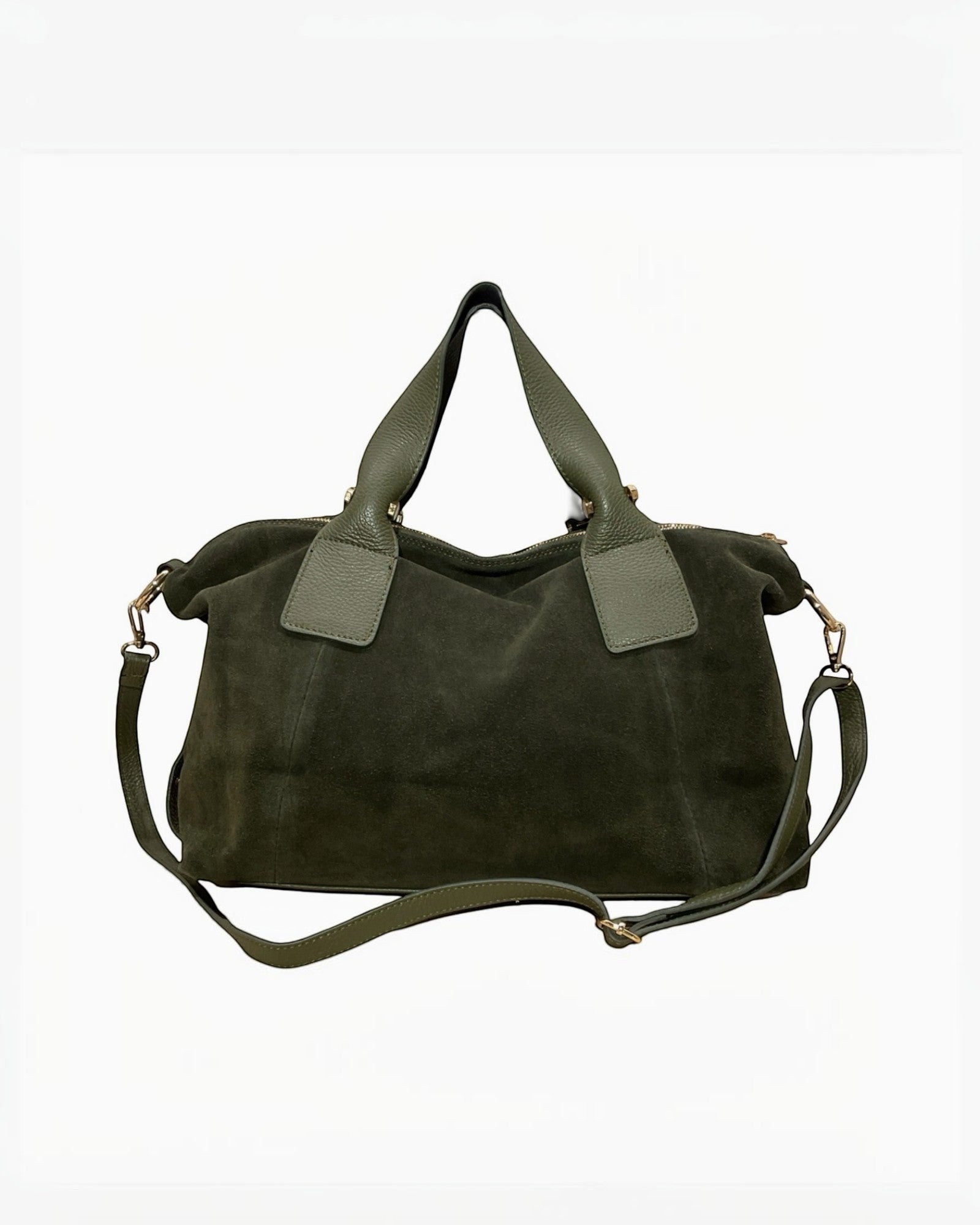 Sac à main Veolina LOUISA LEE en cuir suède vert foncé, fabrication italienne, porté main ou bandoulière.