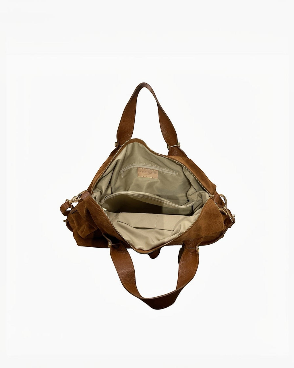 Sac à main marron en cuir suède Veolina LOUISA LEE, fabrication italienne, spacieux et structuré.