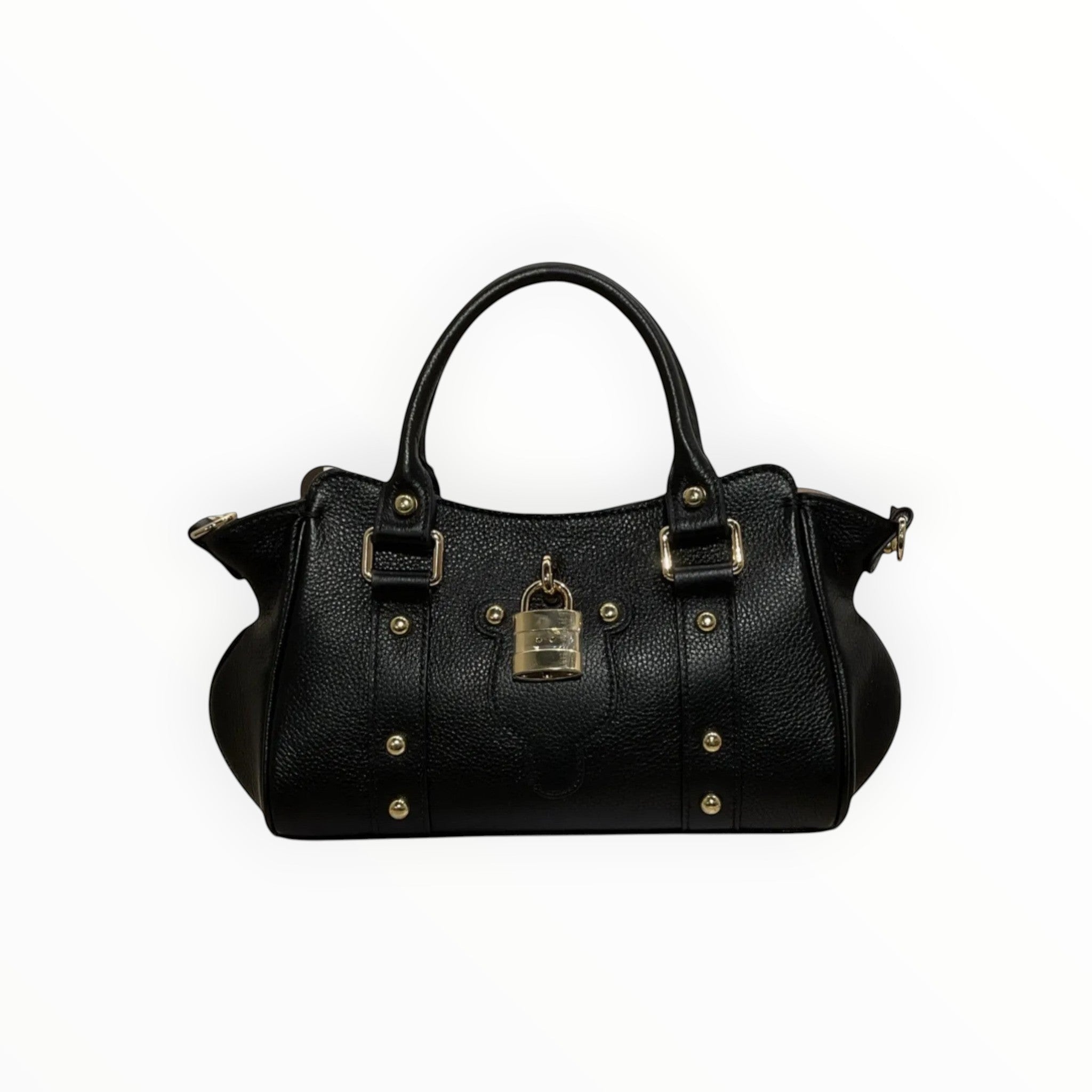 Sac à main noir LOUISA LEE en cuir grainé avec fermoir cadenas doré et clous dorés. Porté main ou épaule.